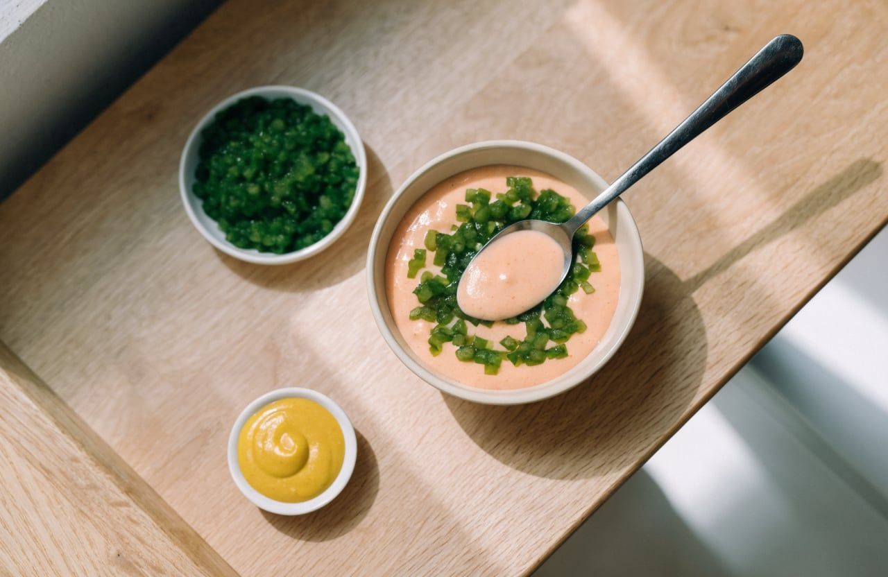 Pale orange-pink special sauce with green relish flecks in a small bowl with a spoon