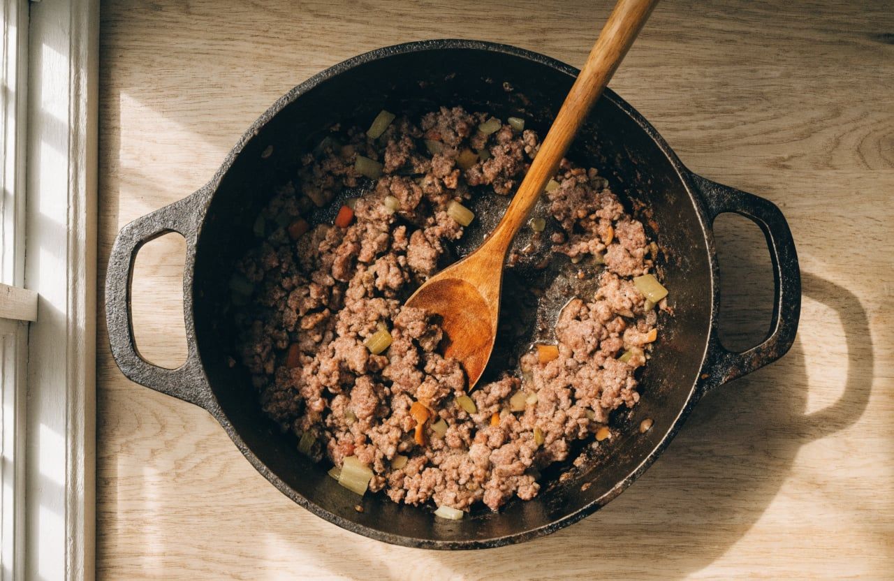 Browned ground beef crumbles with soft onion, carrot and celery in a Dutch oven