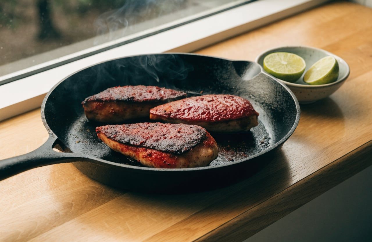 Chipotle-marinated chicken breasts searing in a cast-iron skillet with a dark charred crust