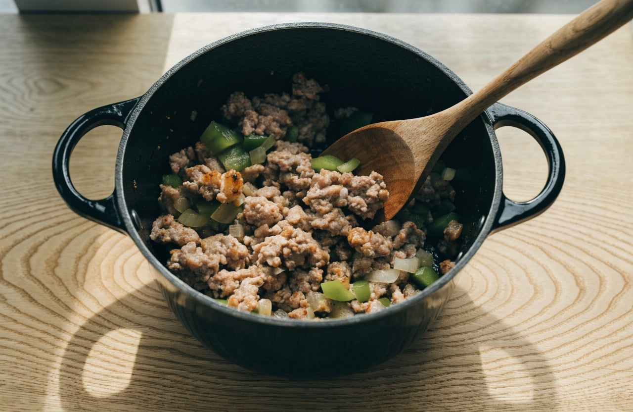 Browned ground turkey crumbles with diced onion and green pepper in a Dutch oven