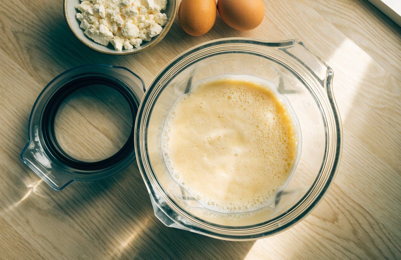 Blender jar of smooth pale-yellow cottage cheese and egg batter with a thin layer of foam settling