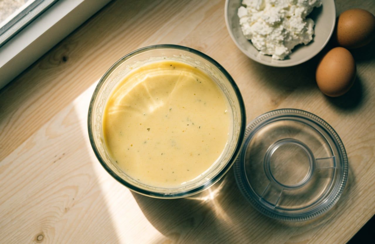 Blender jar filled with smooth pale-yellow cottage cheese and egg batter, no curds visible