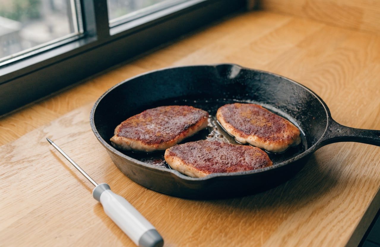 Seasoned chicken breasts with a deep brown crust searing in a cast-iron skillet