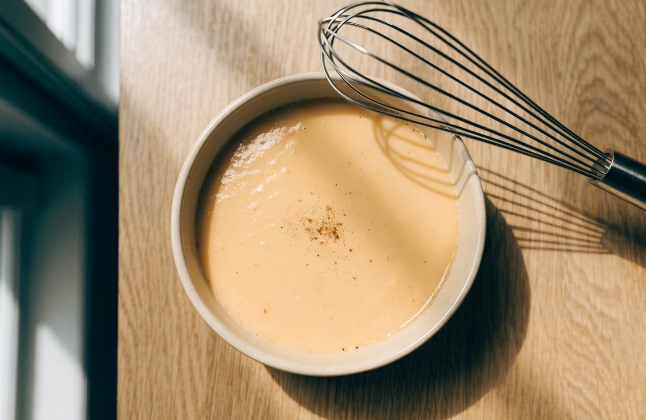 Shallow dish of smooth pale-tan egg custard with cinnamon specks and a whisk