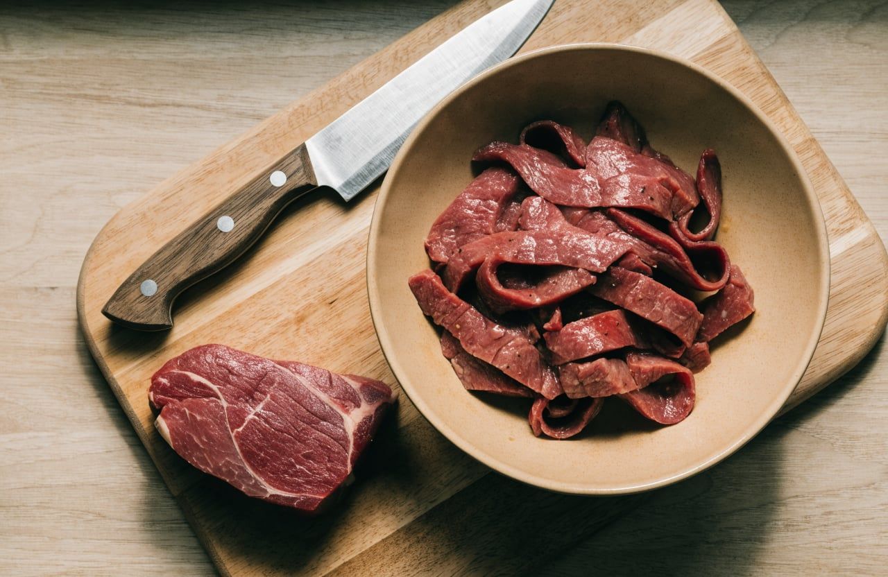 Thin strips of raw flank steak coated in soy and cornstarch in a bowl on a cutting board