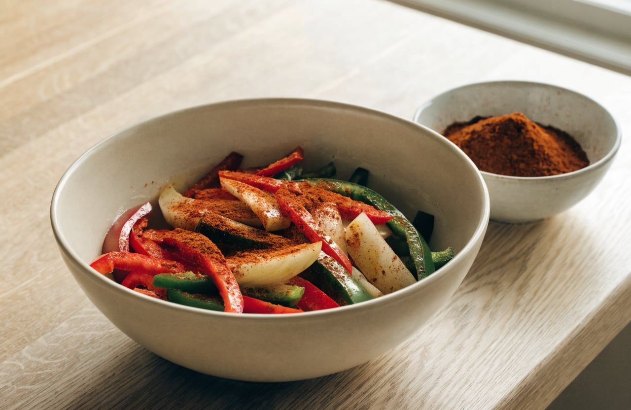Red and green pepper strips and onion wedges tossed with oil and red spices in a mixing bowl