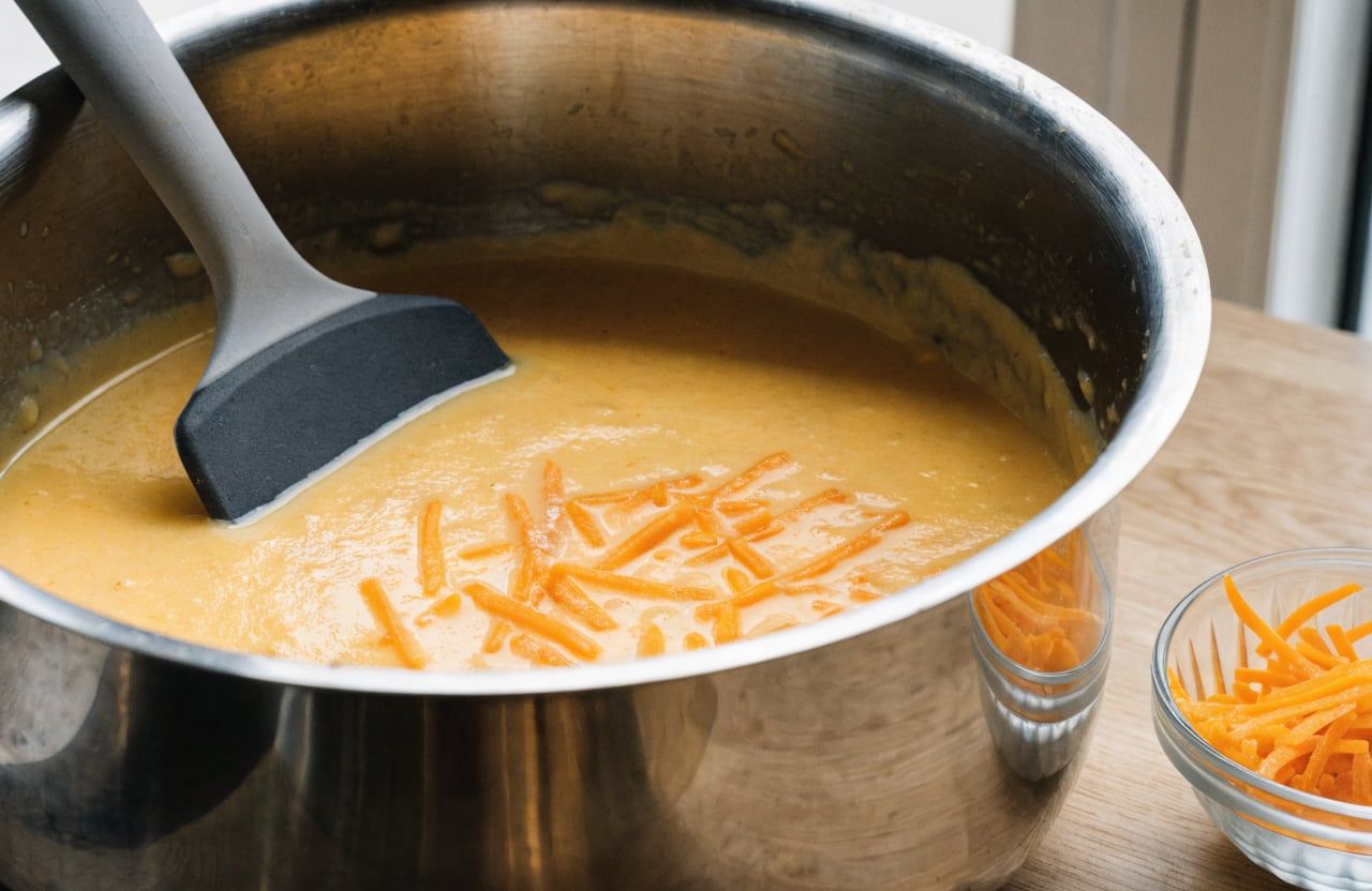 Glossy orange cheddar sauce in a pot with a few shreds still melting in