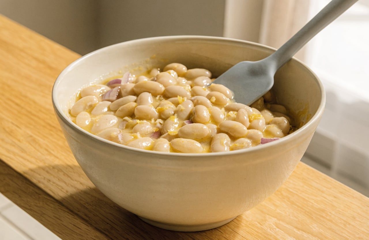 Rinsed white beans coated in a cloudy lemon mustard olive oil dressing with pink onion in a bowl
