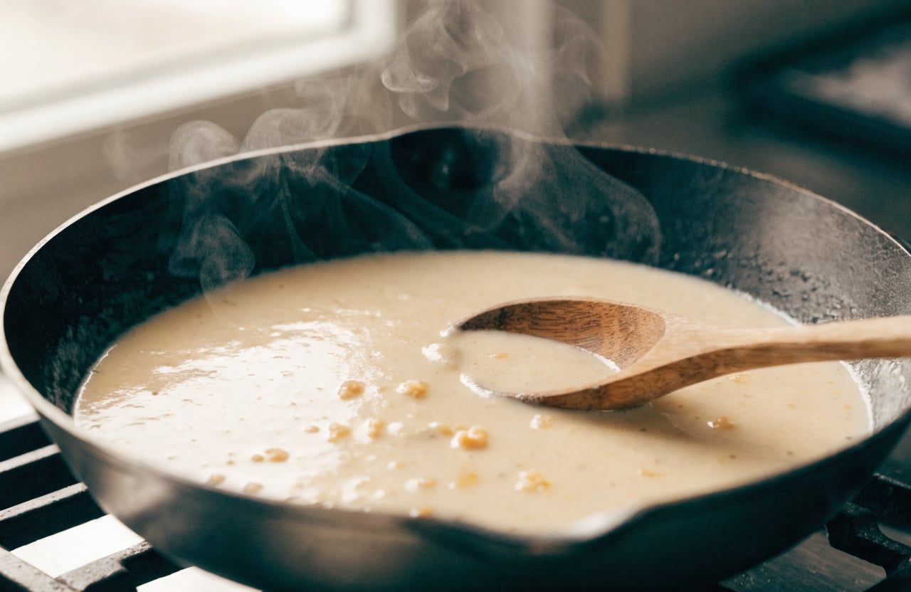Smooth ivory sauce steaming gently in a skillet with minced golden garlic