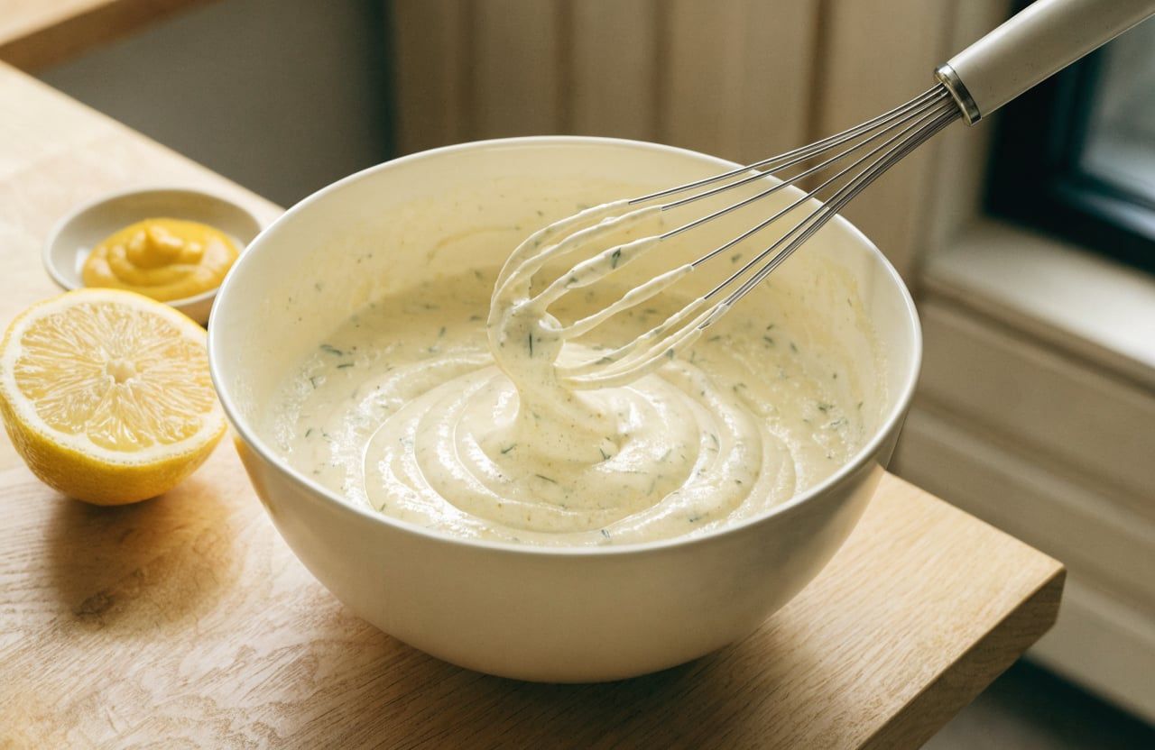 Thick Greek yogurt dressing with dill and Dijon whisked smooth in a mixing bowl