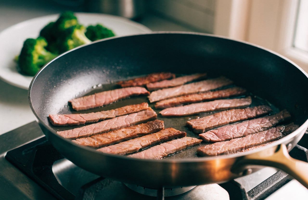 Beef strips searing in a single layer in a hot skillet, undersides deep brown