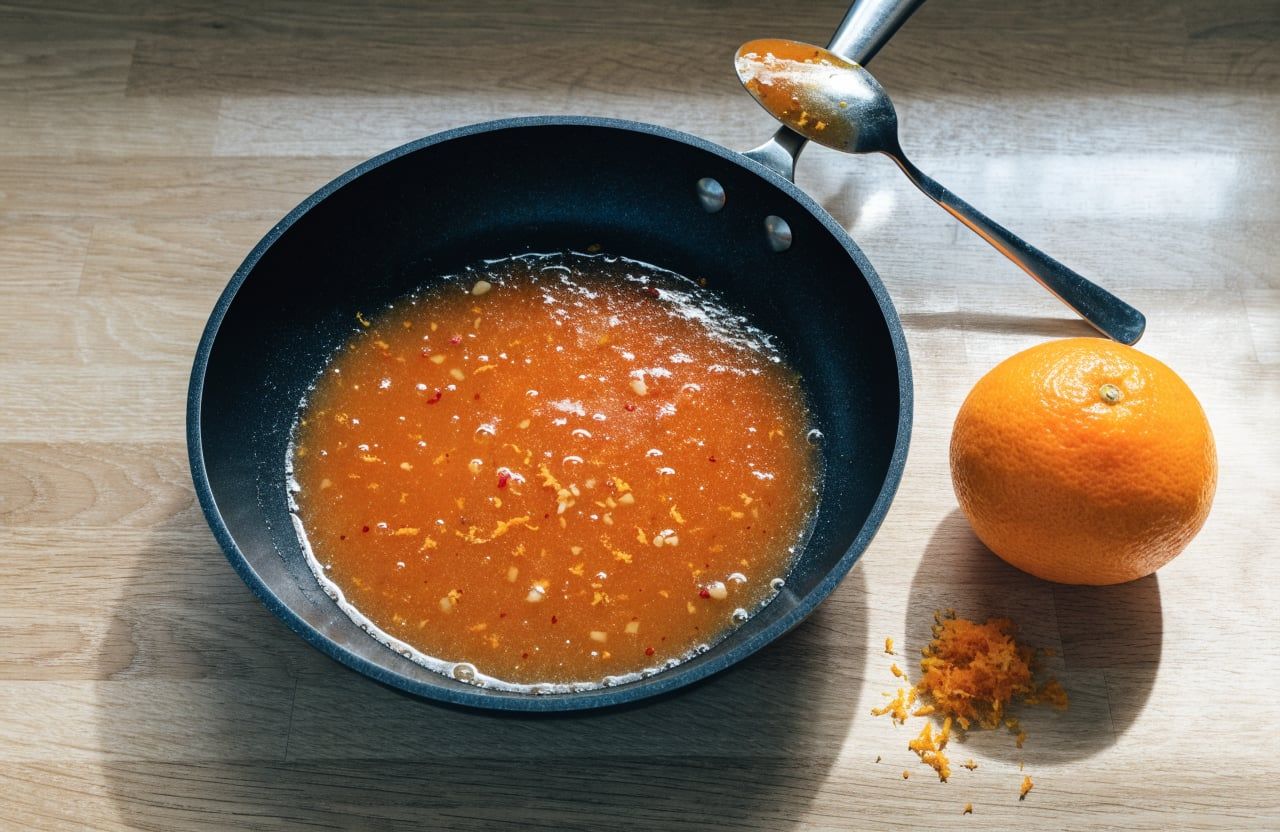 Glossy translucent orange sauce bubbling in a skillet with garlic, ginger and orange zest