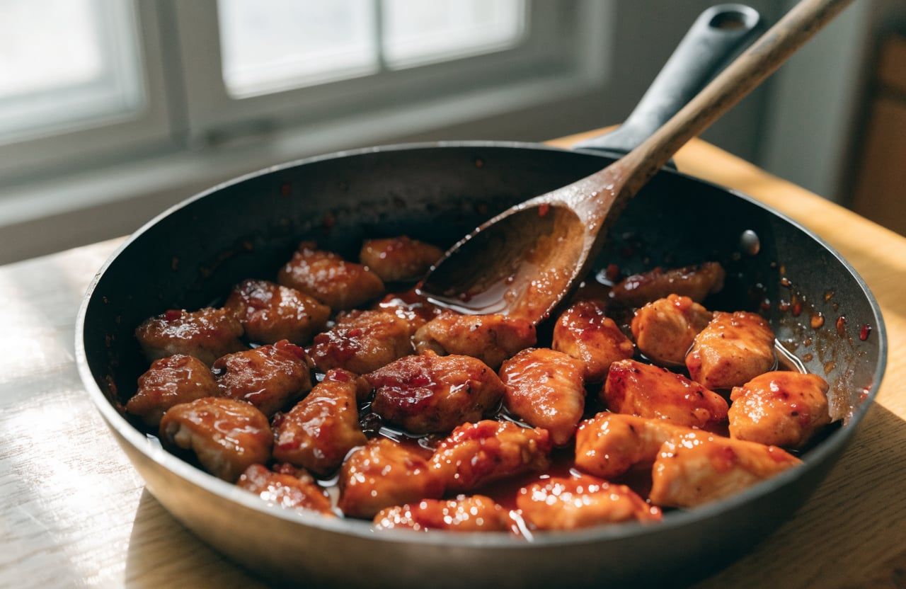 Seared chicken pieces tossed in a glossy, sticky hot honey glaze in a skillet