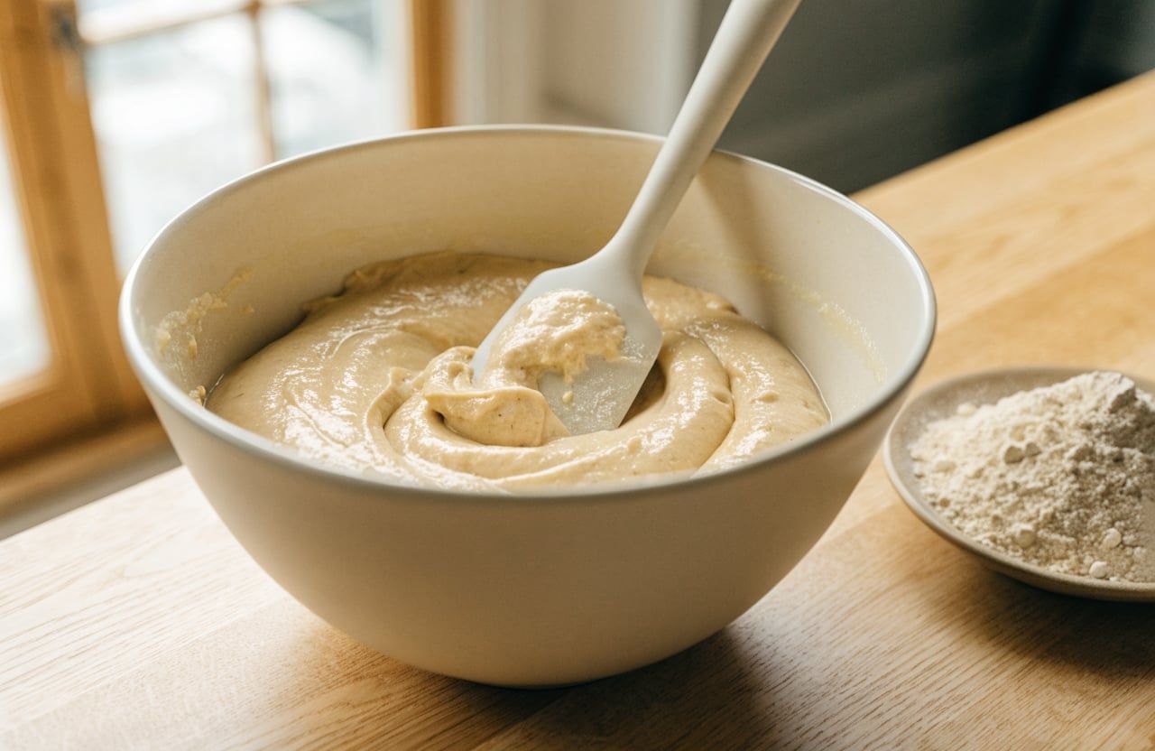 Mixing bowl of soft, light brown dough just combined with oat flour and whey, spatula resting inside