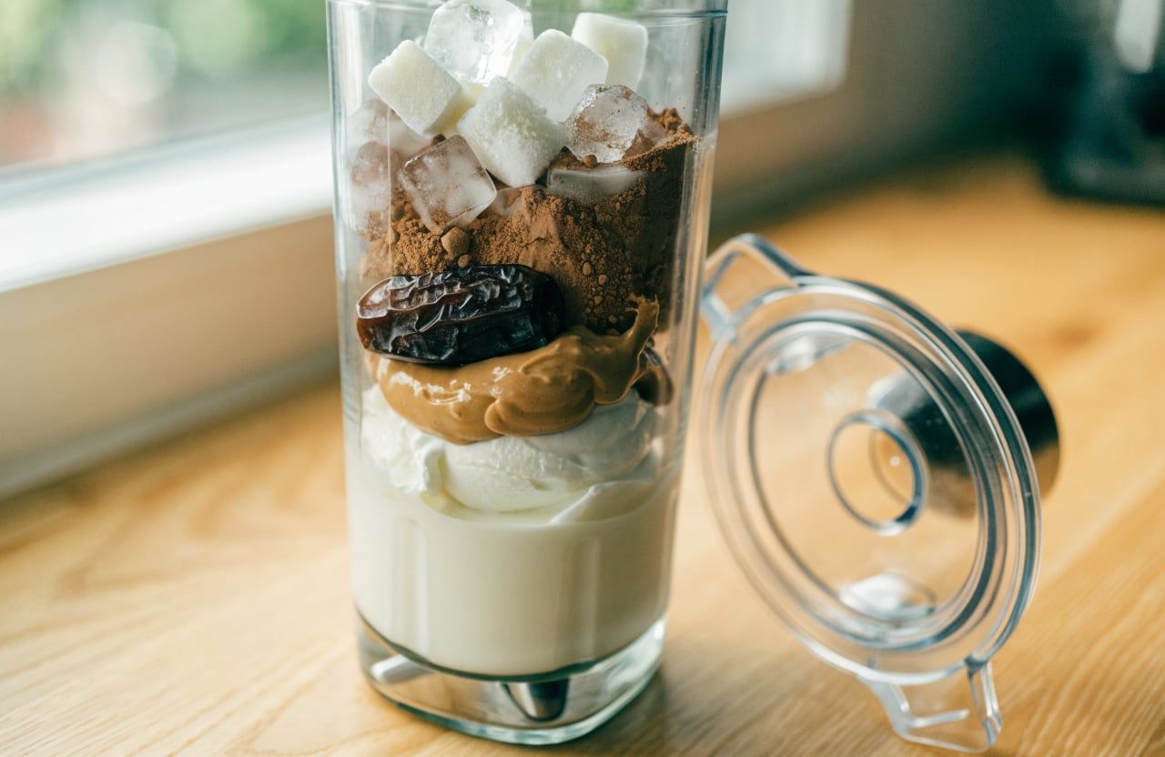 Blender jar layered with milk, Greek yogurt, peanut butter, cocoa, protein powder and frozen milk cubes