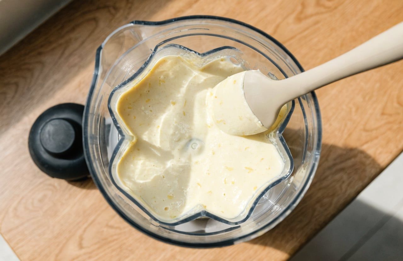 Thick, smooth ivory cheesecake filling in a blender jar with a silicone spatula