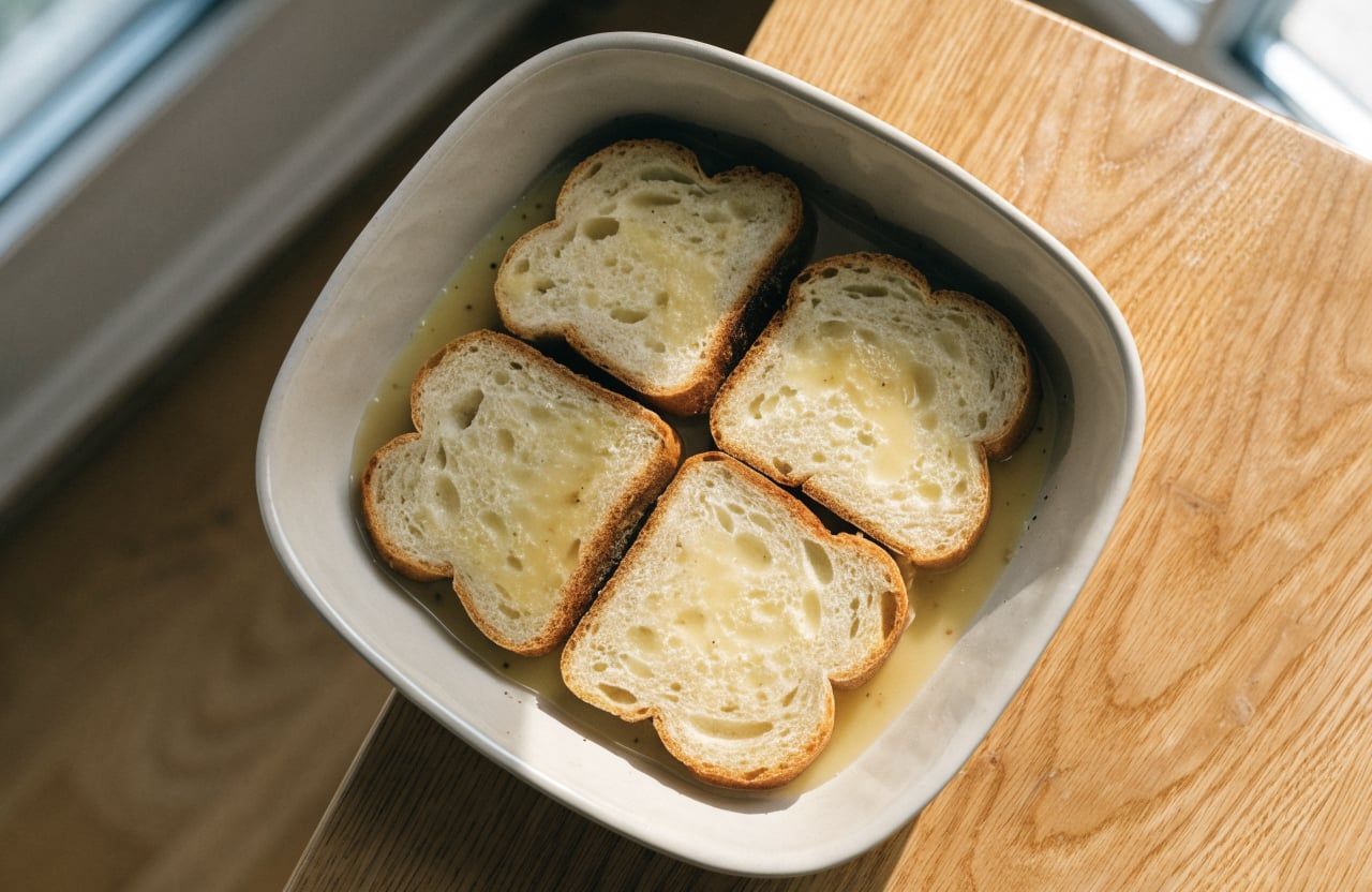 Four thick bread slices soaking in egg custard in a shallow dish, nearly all absorbed