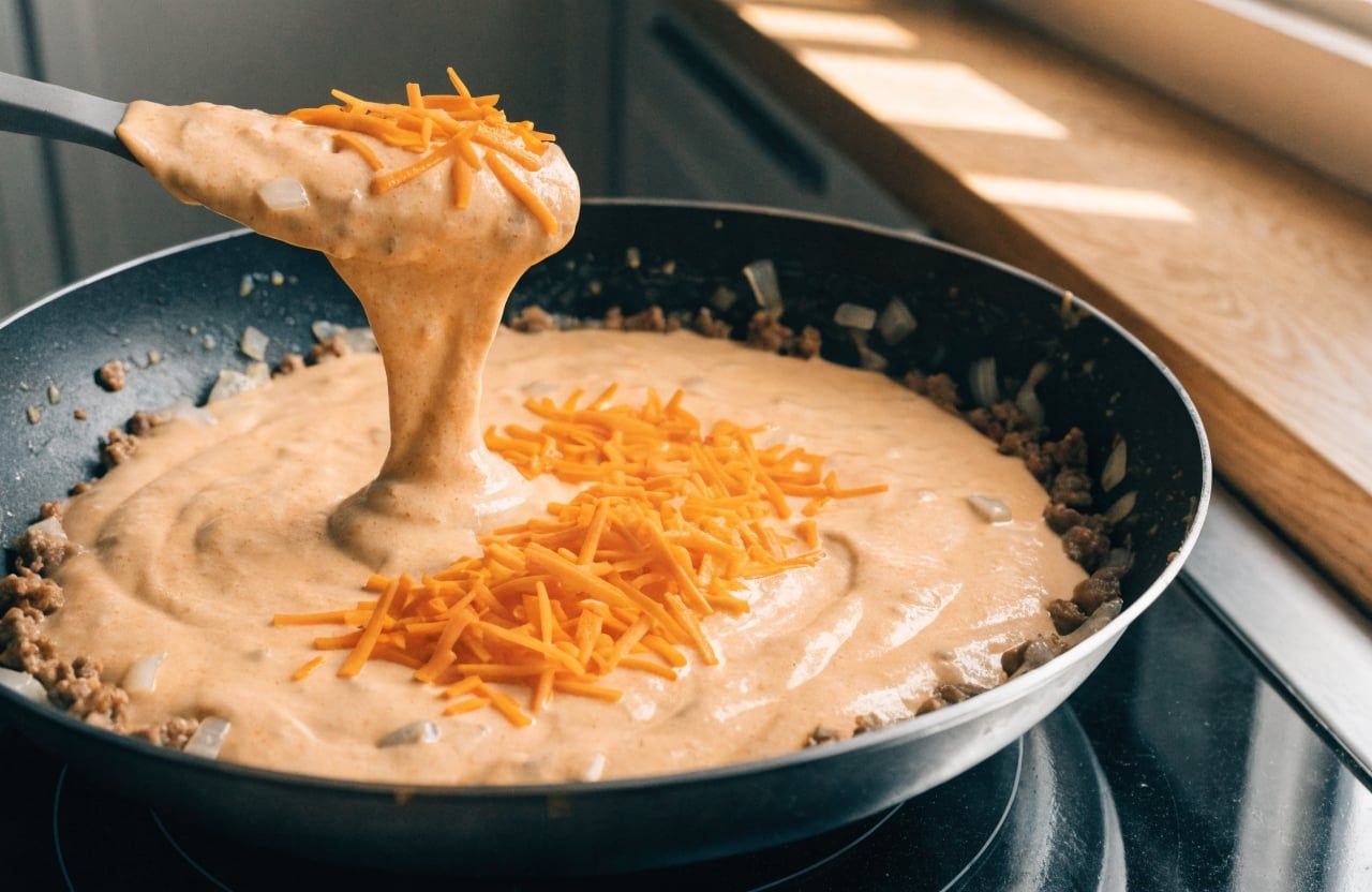 Skillet of pale-orange queso with browned beef, cheddar melting in and a spatula lifting a ribbon