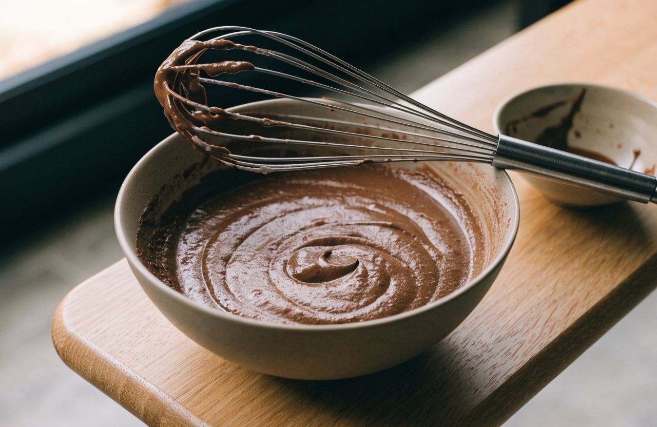 Deep brown, glossy chocolate yogurt mousse in a mixing bowl with whisk marks and a whisk