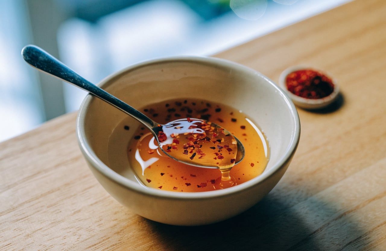 Small bowl of warm honey with red pepper flakes suspended in it and a spoon