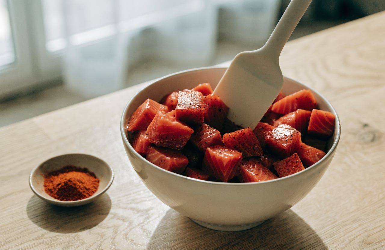 Raw salmon cubes coated in olive oil and smoked paprika in a mixing bowl