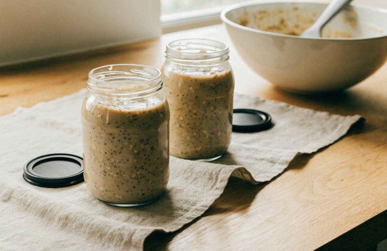 Two wide-mouth glass jars filled with pale tan oat and yogurt mixture before chilling