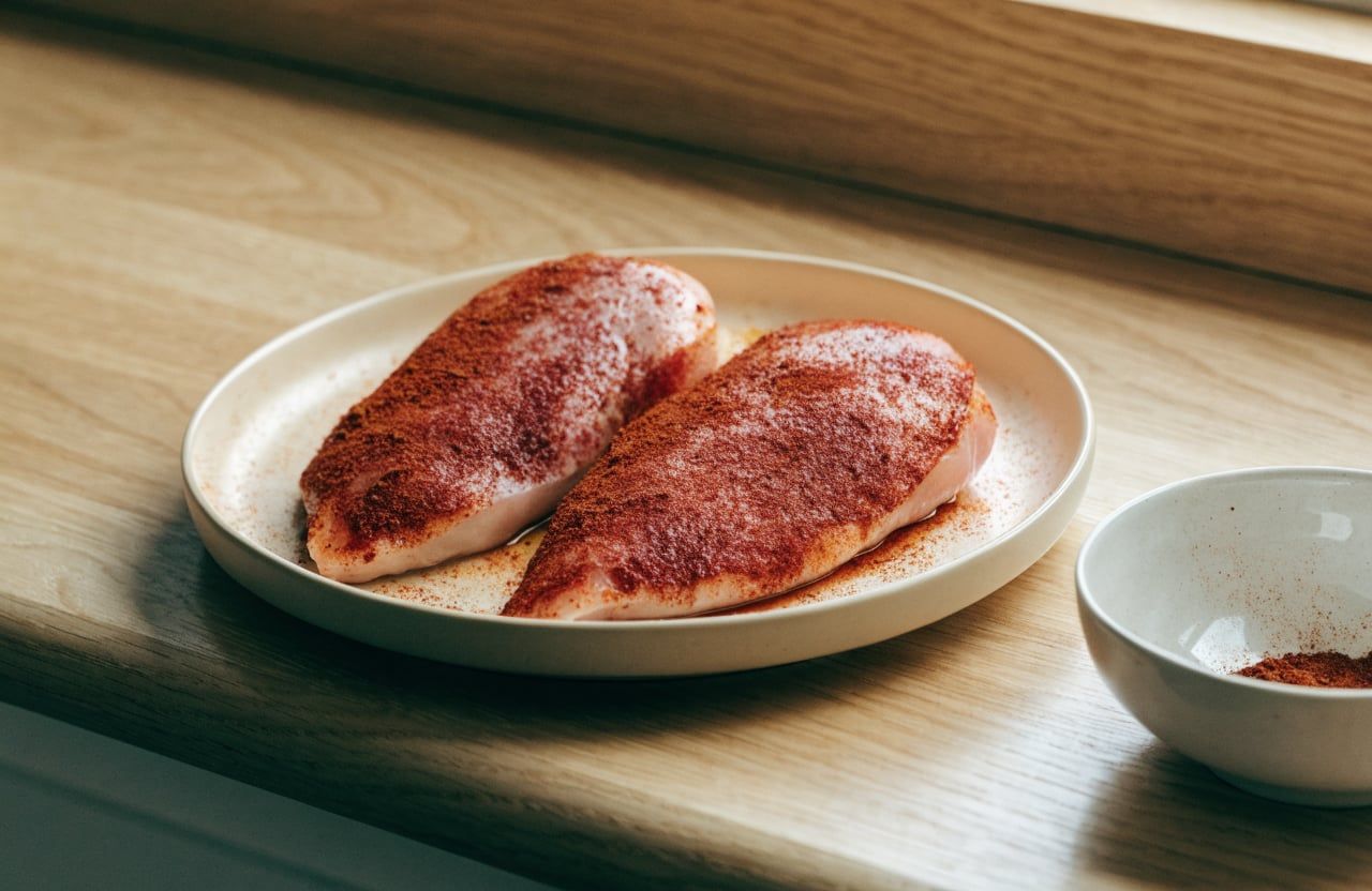 Two flattened raw chicken breasts coated with oil and a red paprika spice rub