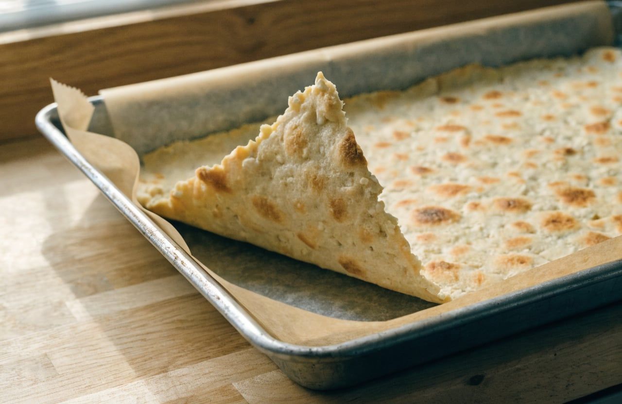 Baked golden flatbread with brown spots, parchment corner peeled back on a baking pan