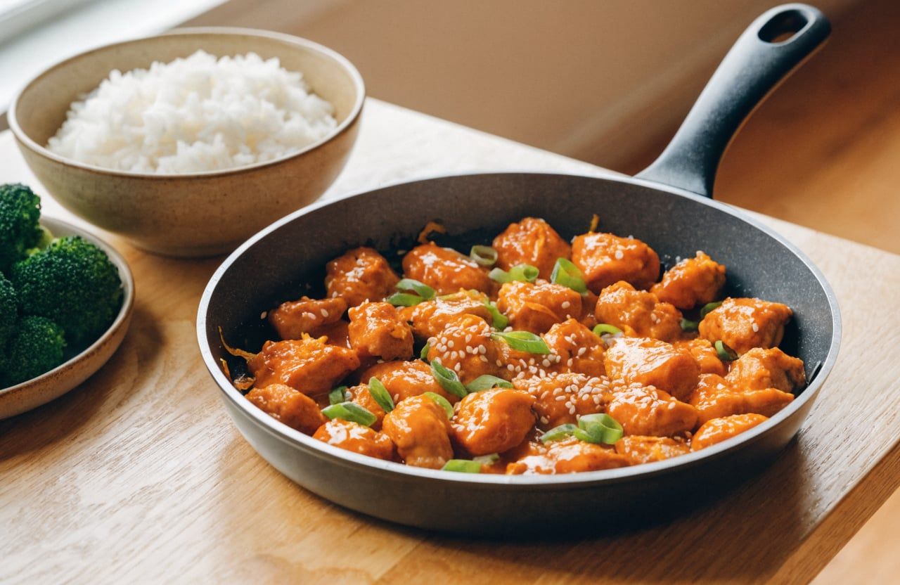 Seared chicken tossed in shiny orange glaze in a skillet, topped with green onions and sesame