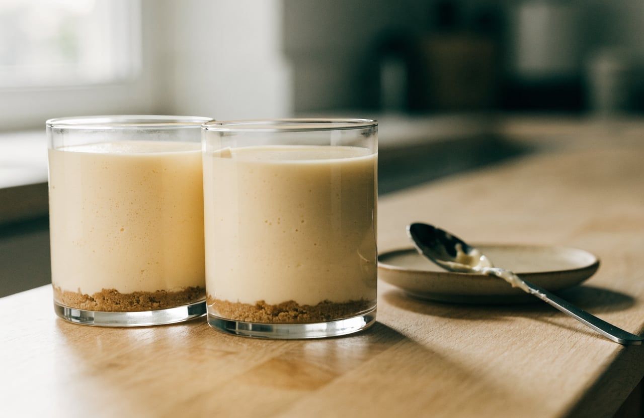 Two glasses filled with smooth cheesecake filling over a graham crust, no topping yet