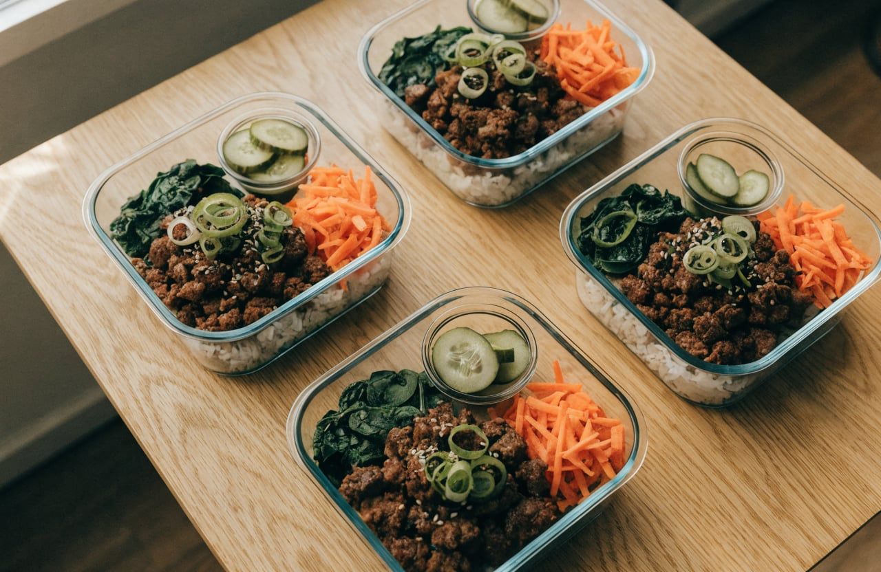 Four meal prep containers of rice, glazed beef, spinach and carrots with cucumber cups