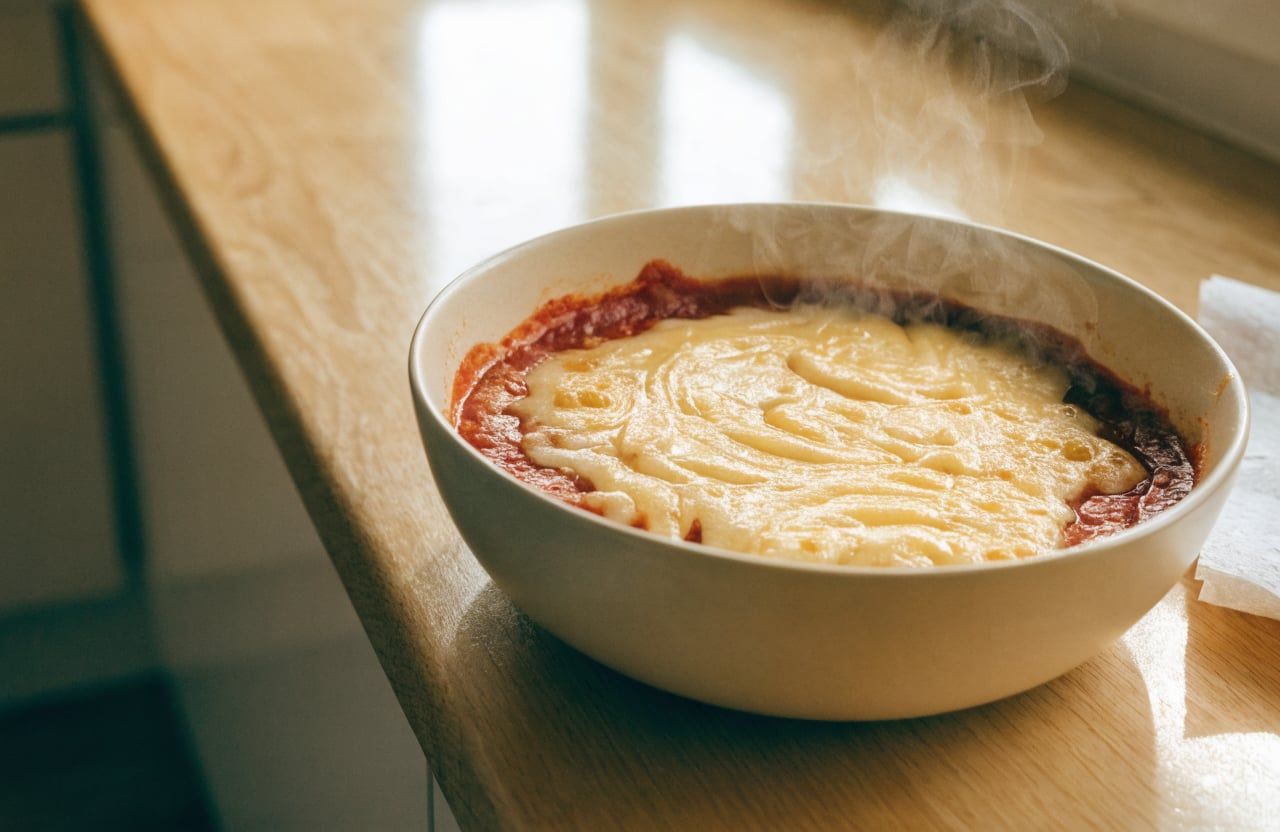Microwaved bowl with fully melted mozzarella bubbling at the edges over marinara and cottage cheese