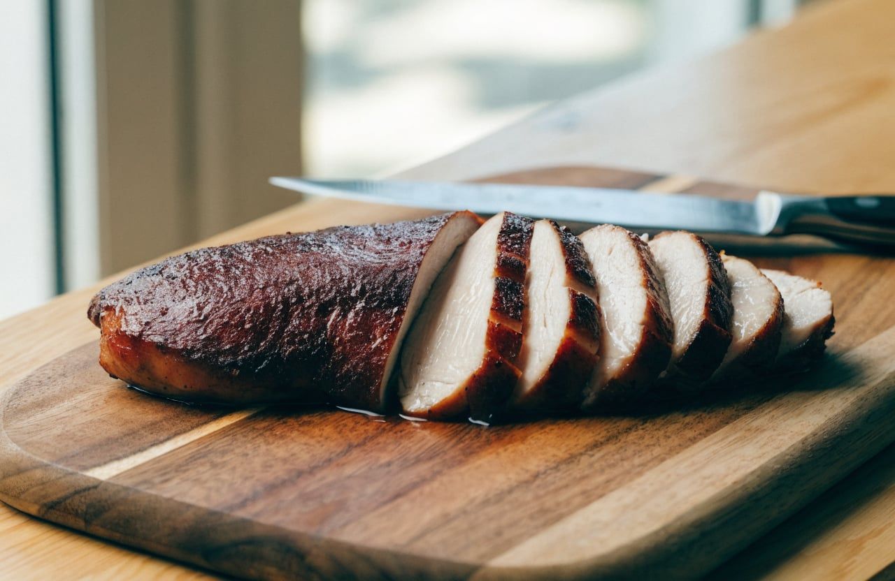 Rested chicken breast sliced on a cutting board showing a juicy white interior