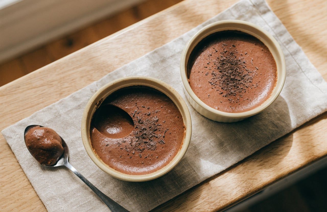 Set chocolate mousse in two ramekins, one with a spoonful lifted out showing a clean cut