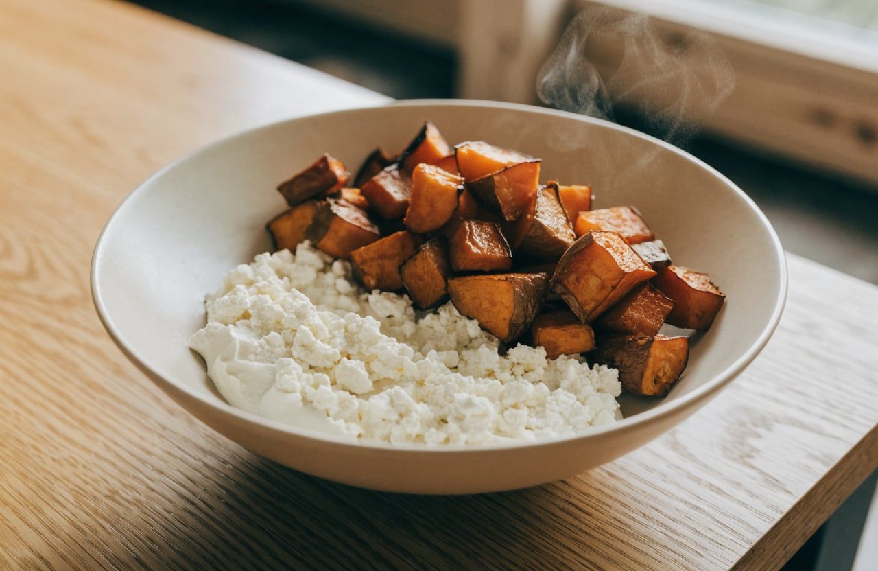 Hot roasted sweet potato cubes piled on half of a bowl of cottage cheese, before toppings