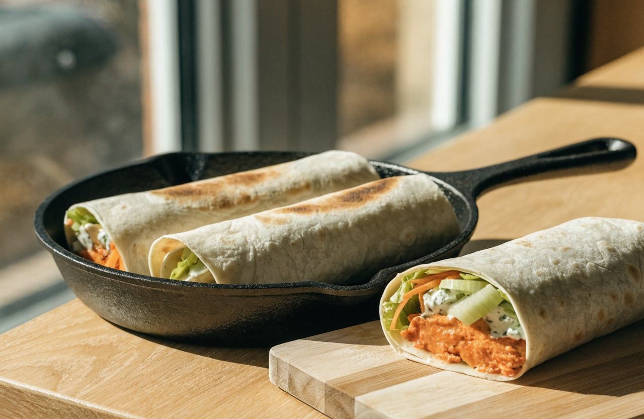Rolled buffalo chicken wraps toasting seam side down in a skillet, one already golden