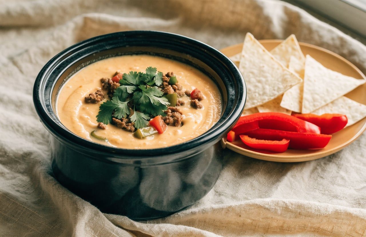 Finished queso with tomatoes, green chiles and cilantro in a small slow cooker with chips nearby