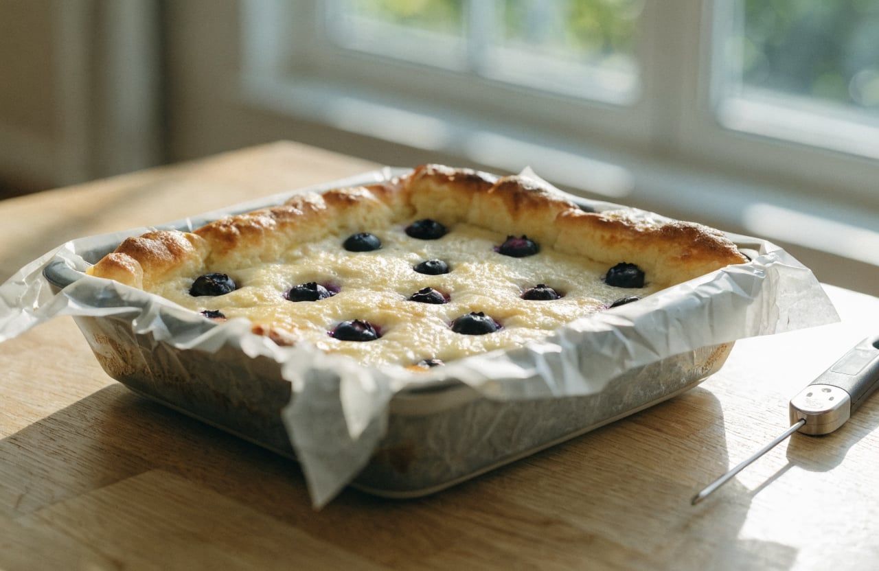 Baked blueberry cottage cheese bake with puffed golden edges in a square baking dish