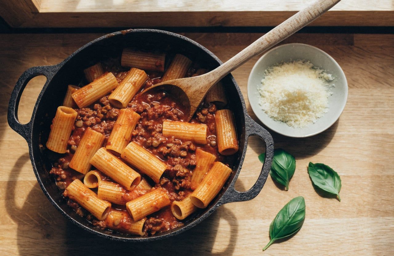 Rigatoni tossed in thick beef and lentil sauce in a Dutch oven