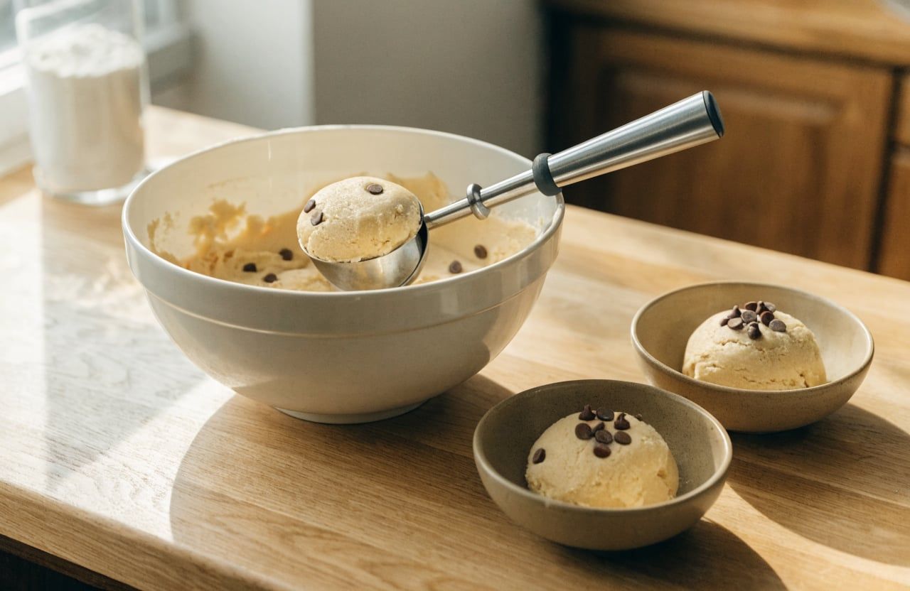 Chilled cookie dough with mini chocolate chips being portioned into two bowls with a cookie scoop