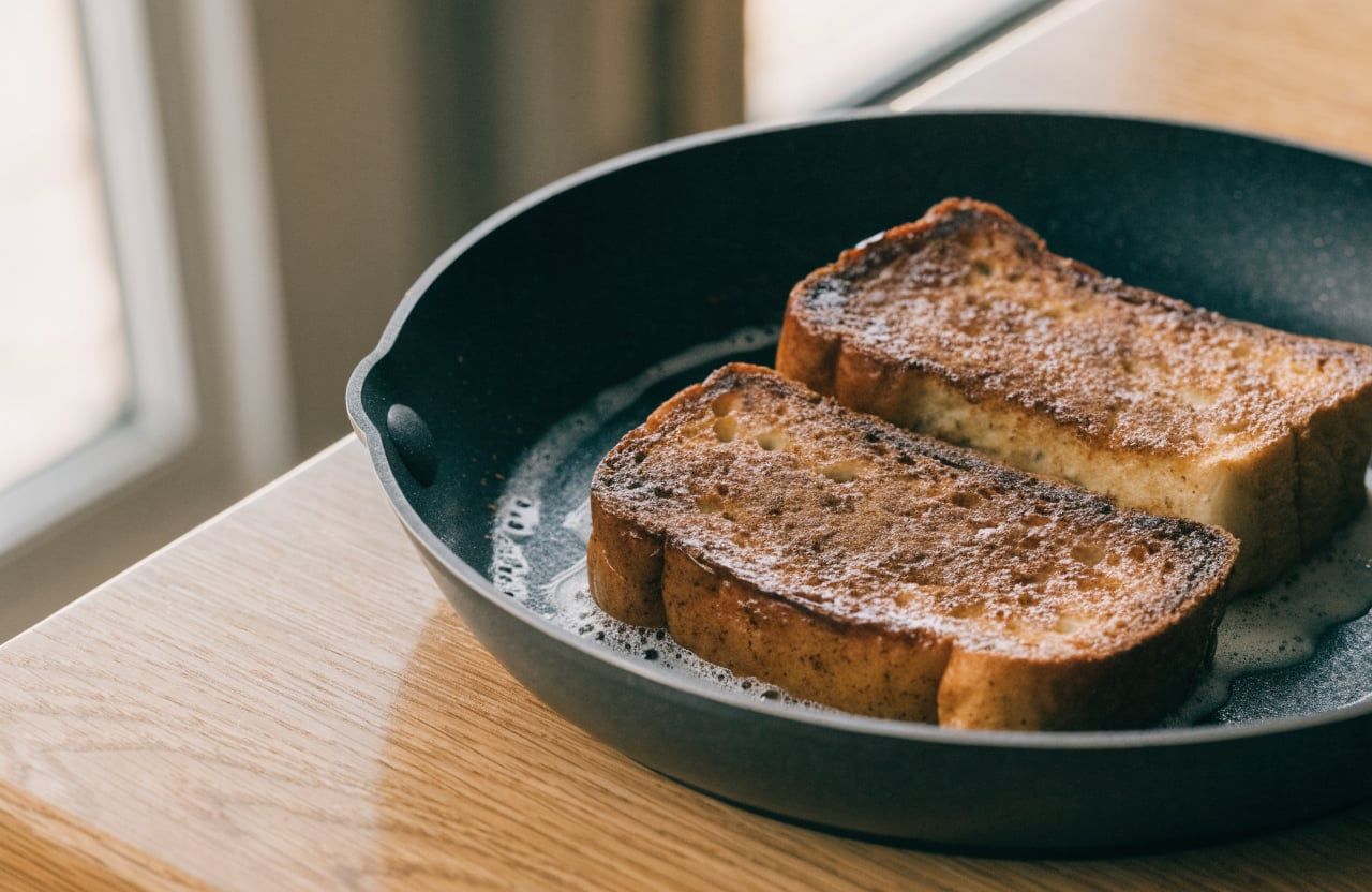 Thick slices of French toast browning to deep golden in a nonstick skillet with butter