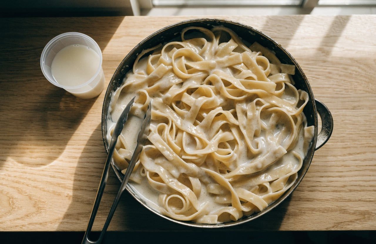 Fettuccine tossed in glossy Alfredo sauce in a skillet with tongs resting on the side